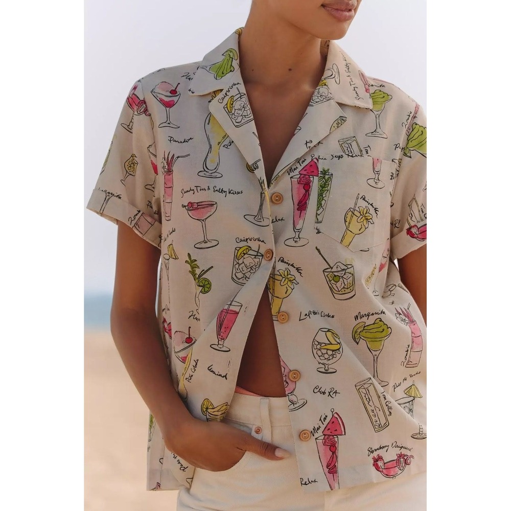 Rachel Antonoff Sz L Linen Blend Cocktail Print Coastal Beach Resort Camp Shirt